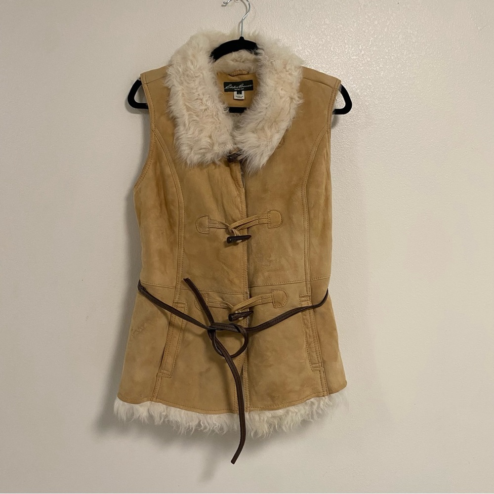 Eddie Bauer Tan Suede Vest with Cream Faux Fur Trim